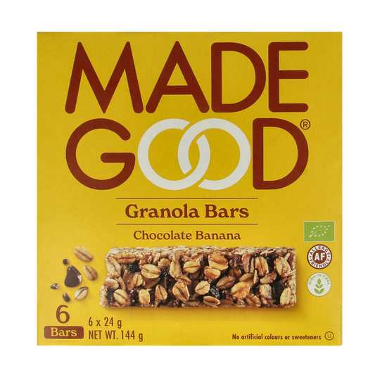 Made Good chocolate banana granola bar, 24g, organic, pack of 6, with visible chocolate and banana pieces, for a nutritious snack.