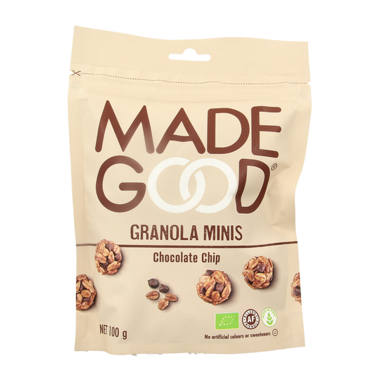 Made Good chocolate chip granola minis snack package, organic gluten-free snack in a 100g bag with colorful branding and mini granola pieces.