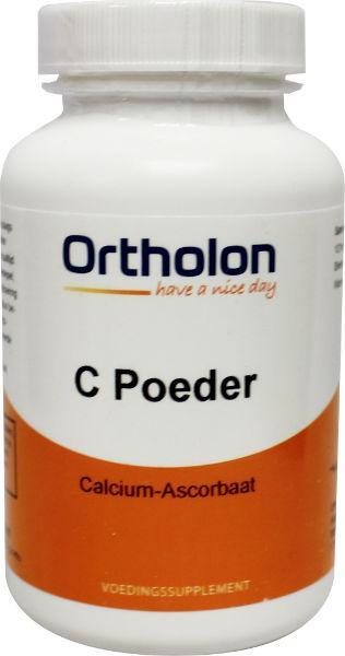 Ortholon Vitamin C calcium ascorbate supplement in a 175g container, showing the product label and packaging.