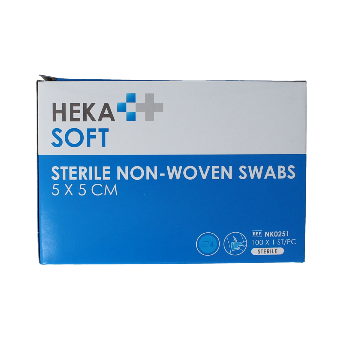 Heka Soft non-woven sterile compress 5x5 cm, pack of 100, for wound care and medical use.