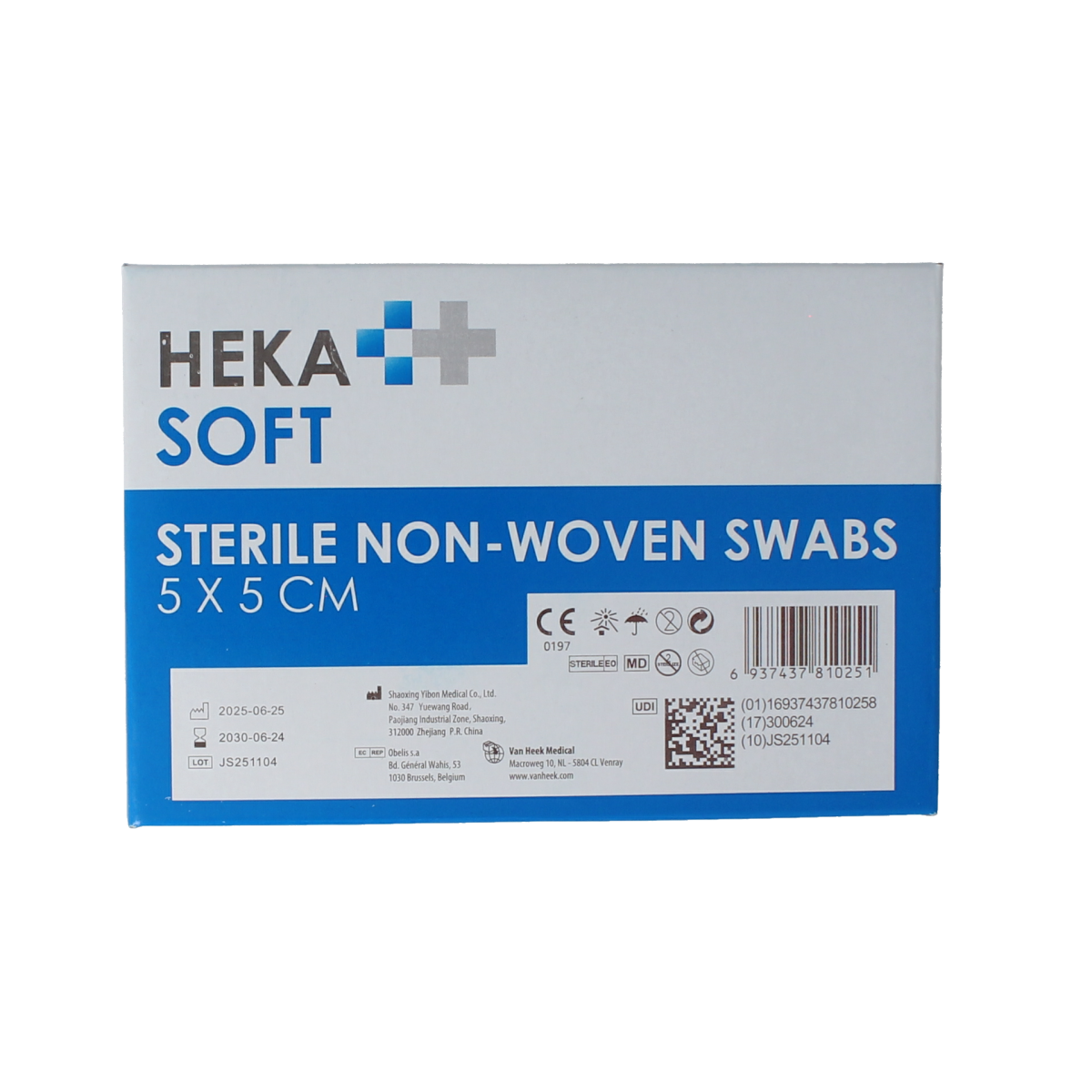 Heka Soft non-woven sterile compression gauze 5x5 cm, pack of 100, suitable for wound dressing and medical use