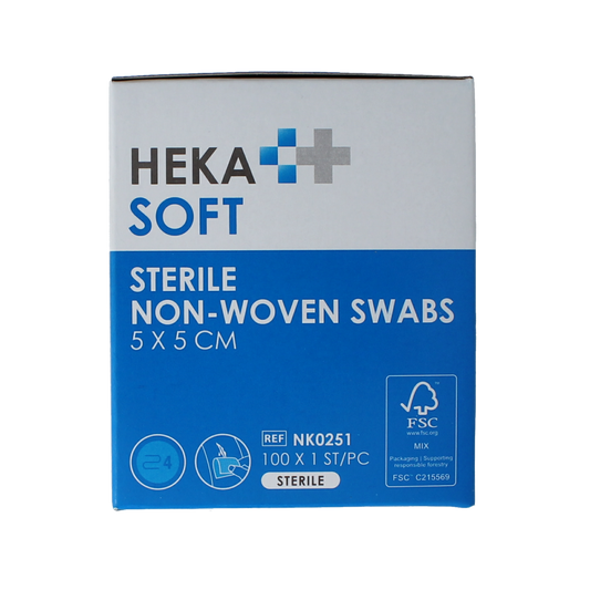 Heka Soft sterile non-woven gauze compress 5x5 cm, pack of 100 sterile medical dressings, ideal for wound care.