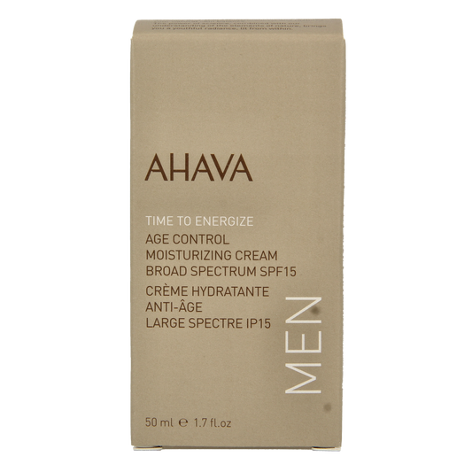 Ahava Men age control moisturizing face cream SPF15 in 50ml jar, suitable for men's skincare and facial hydration.