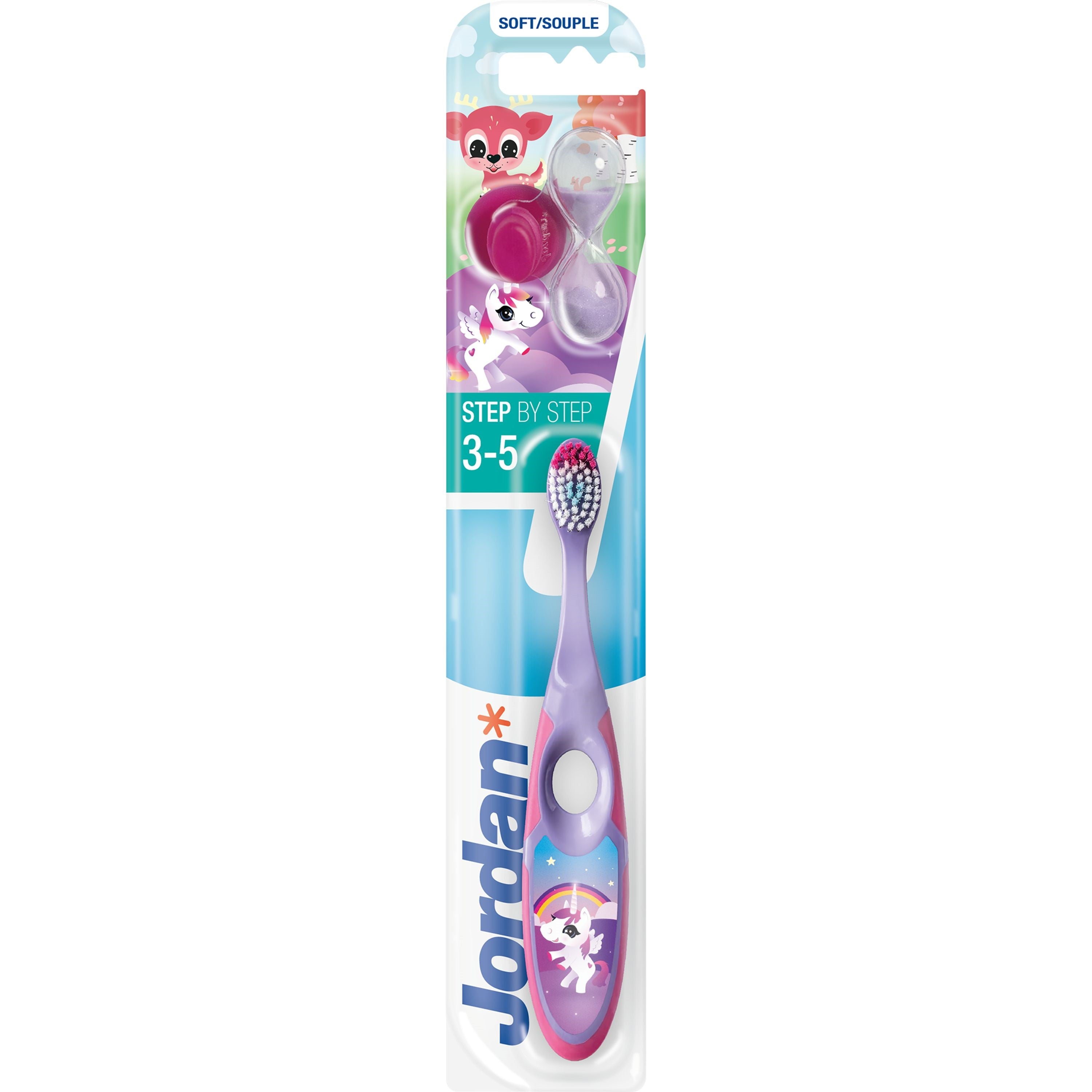 Jordan Tandenborstel step by step 2 premium toothbrush, 3-5 years, white and blue, with ergonomic handle and soft bristles.