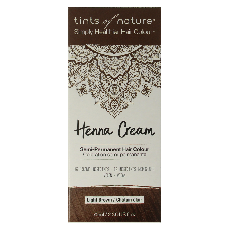 Tints Of Nature light brown henna cream hair dye in 70ml tube, semi-permanent natural hair coloring product.
