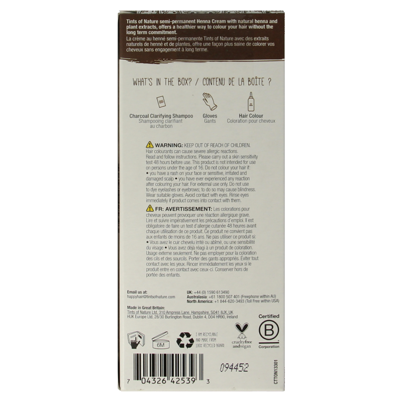 Tints Of Nature light brown henna cream for semi-permanent hair coloring, 70ml bottle with natural ingredients.