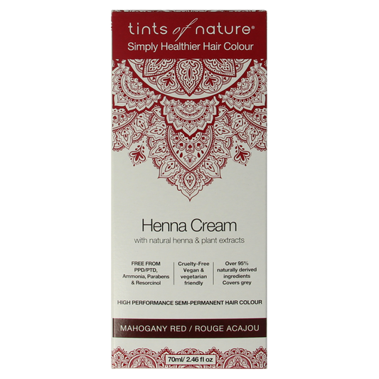 Tints Of Nature Mahogany Red Henna cream hair dye in 70ml semi-permanent hair coloring tube, natural henna formulation.