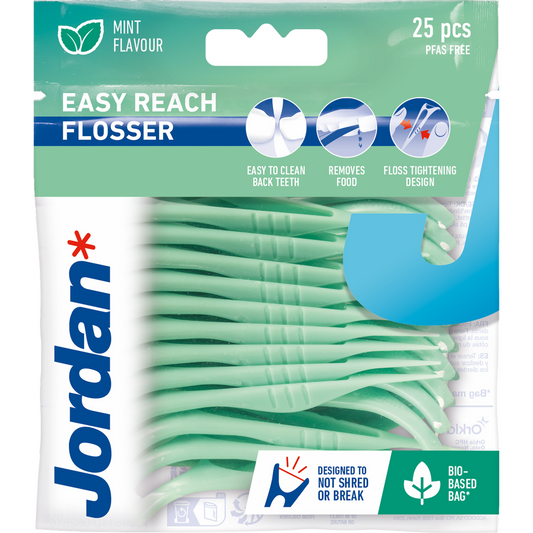 Jordan Flosser easy reach dental flossers for oral hygiene, displayed in a box of 25 pieces, designed for effective plaque removal.