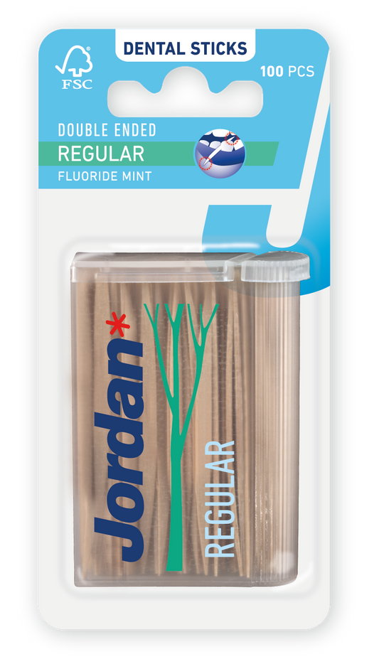 Jordan Tandenstoker regular mint, 100 pieces, dental floss picks and ragers, with mint flavor, designed for oral hygiene.