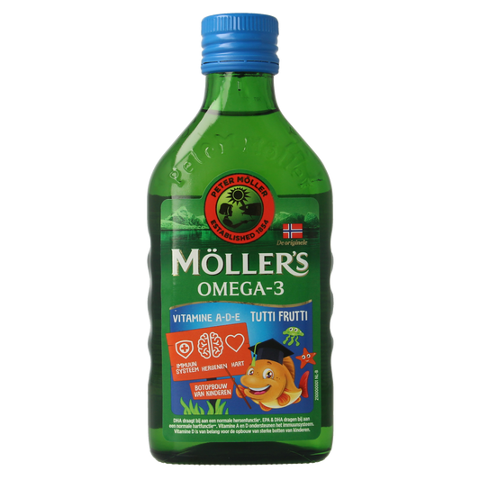 Mollers Omega-3 Vetzuren levertraan tutti frutti liquid in 250ml bottle, featuring colorful tutti frutti flavor and fish oil supplement.
