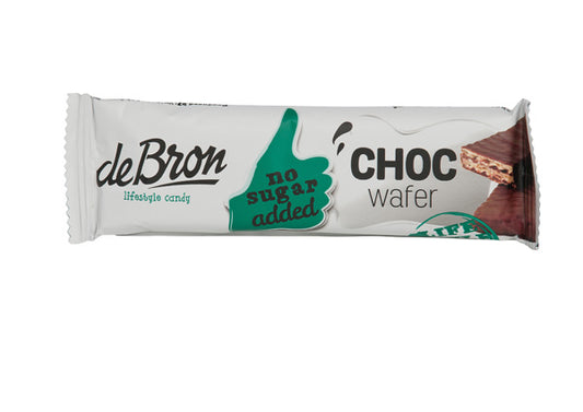 De Bron Choco wafer koeken in een doos met 24 stuks, zachte wafels met chocoladelaag, geschikt voor tussendoor of als snack.