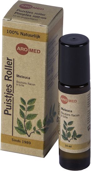 Aromed Meleuca puistjes roller, 10ml facial skincare product with a white rollerball applicator and clear liquid inside.