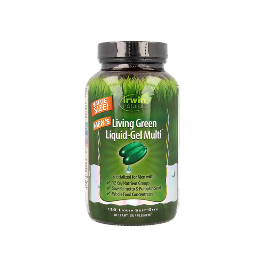 Irwin Naturals Living Green liquid gel multivitamin for men in softgel form, displayed with bottles and softgels visible.