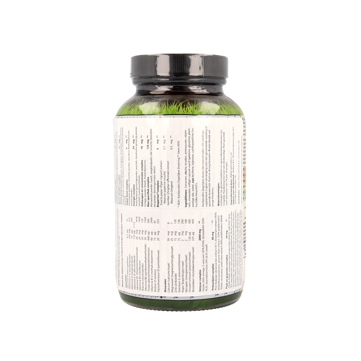 Irwin Naturals Living Green liquid gel multivitamin for men in a bottle with softgel capsules, designed for daily nutritional support.
