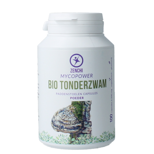 Mycopower Tonderzwam bio herbal capsules in a white bottle, used as a natural supplement in kruidenpreparaten.
