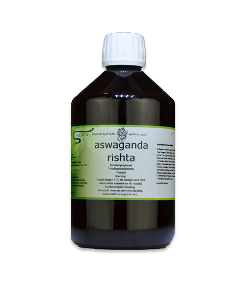 Surya Aswaganda Rishta herbal preparation in a 500ml bottle, natural kruidenpreparaten for wellness and traditional health support.