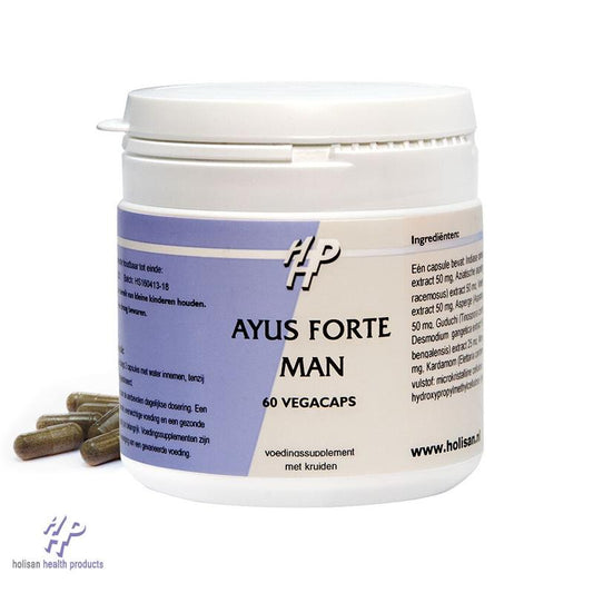 Holisan Ayus Forte Man capsules, herbal supplement for men's health, 60 capsules in a bottle, with herbal ingredients shown in the image.