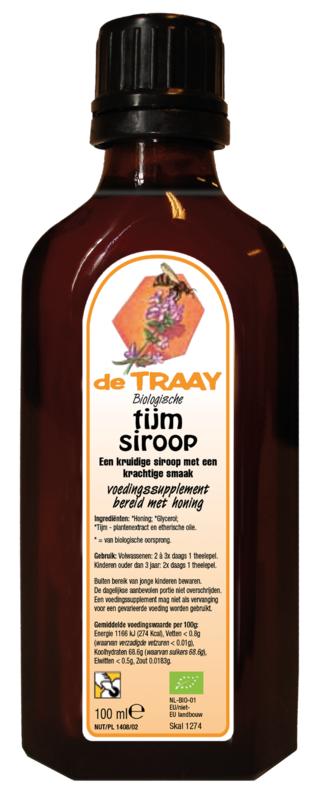 Organic de Traay thyme syrup in a 100ml bottle, shown in a clear image highlighting the herbal preparation and label.
