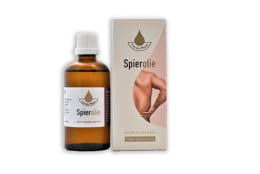 Van Der Pluym Spierolie 100ml bottle showing the label and packaging for muscle and joint care.