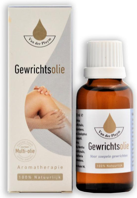 Van Der Pluym Gewrichtsolie 100ml bottle, muscle and joint care product, with label visible and cap on, used for soothing joint and muscle discomfort.