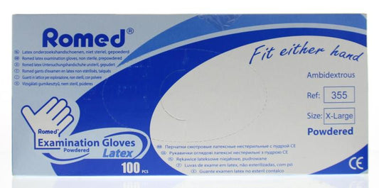 Romed latex non-sterile powdered medical gloves in size XL, pack of 100, showing textured surface and medical-grade design.