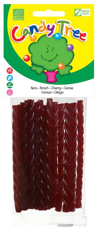 Candy Tree bio Kersenkabels snoepgoed in 75g package, colorful cherry-flavored candy strands on a white background.