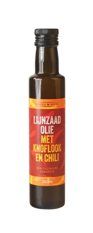 Omega & More garlic chili flaxseed oil bottle, 250ml, showcasing the dark glass container with label and cap.