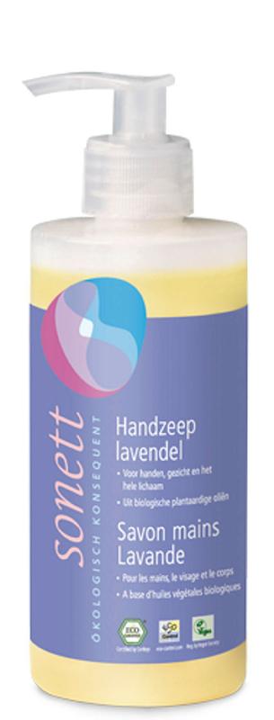 Sonett lavendel handzeep in 300ml liquid bottle, natural handverzorging with lavender scent, soap with pump dispenser.