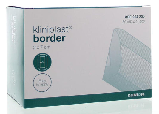 Kliniplast Eilandpleister 5x7cm, pack of 50, sterile adhesive bandages for wound care, in a medical supply image.