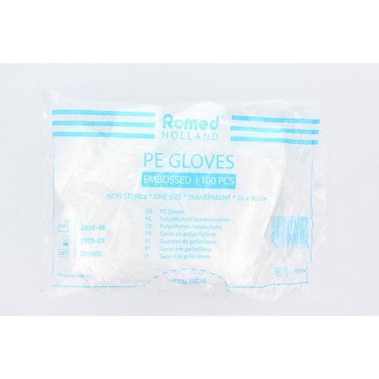 Romed polyester household gloves with rough texture, shown in a box of 100 for cleaning and household tasks.