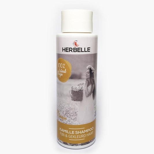 Herbelle Kamille Shampoo for fine colored hair, 500ml, natural haircare product with gentle cleansing and nourishing qualities.