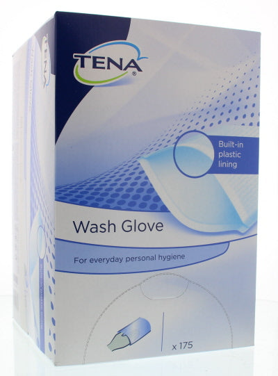 Tena washcloth with plastic lining, soft sponge for body cleaning, shown with textured surface and waterproof backing.
