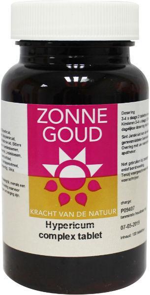 Zonnegoud Hypericum complex herbal supplement tablets in a bottle, part of Kruidenpreparaten by Zonnegoud.
