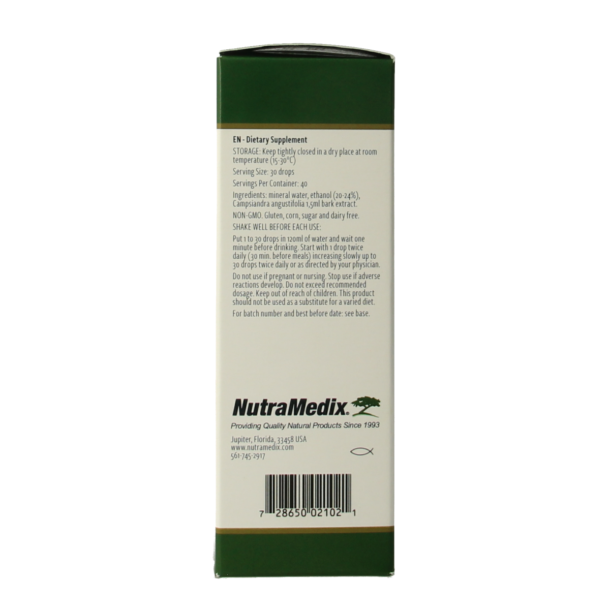 Bottle of Nutramedix Cumanda herbal supplement in a 60ml glass container with a white label and green accents.