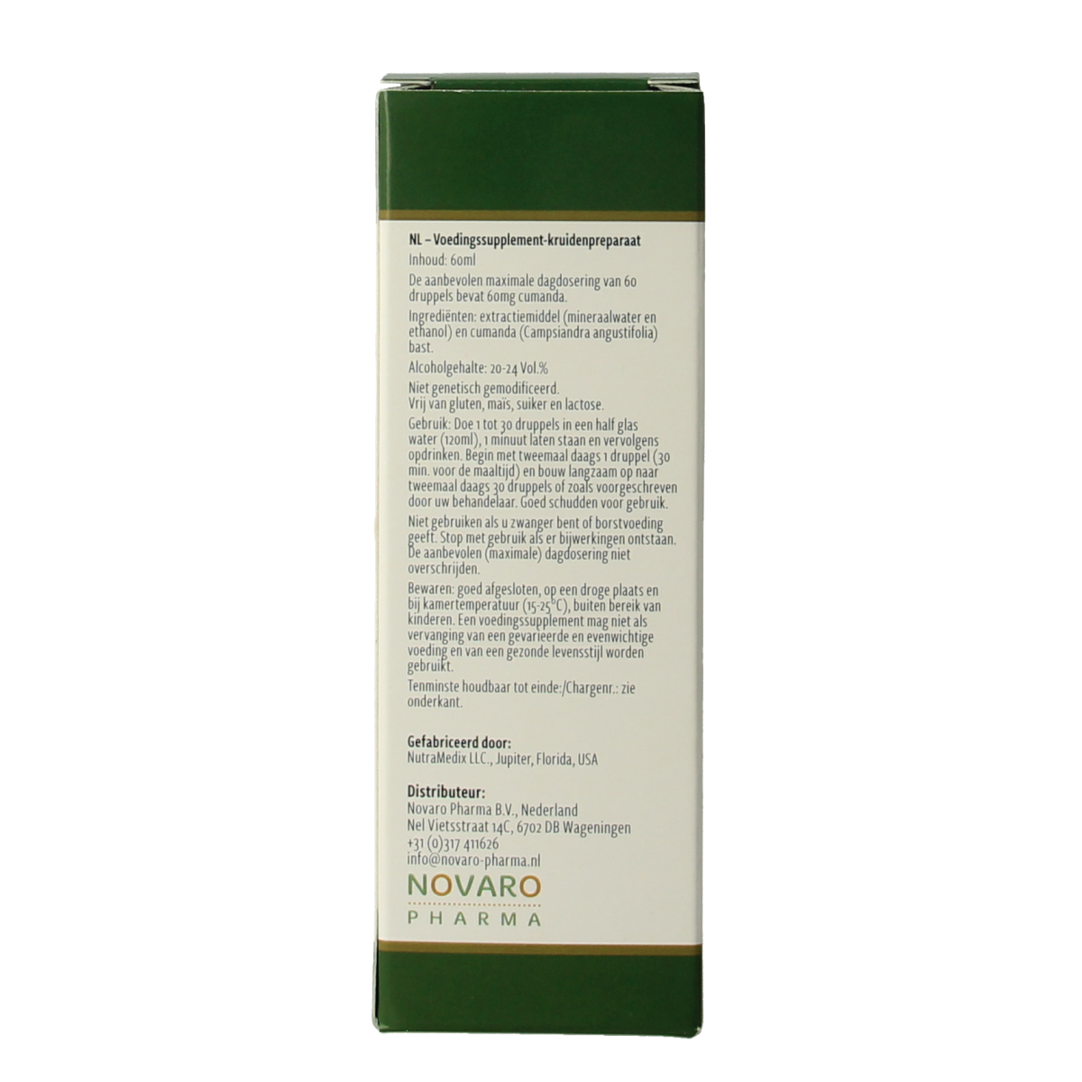 Nutramedix Cumanda herbal supplement in a 60ml bottle, natural kruidpreparaat for wellness, with the product label visible.