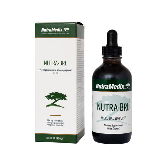 Nutramedix Nutra-BRL herbal remedy bottle, 120ml, with label showing product details and branding for herbal supplement.