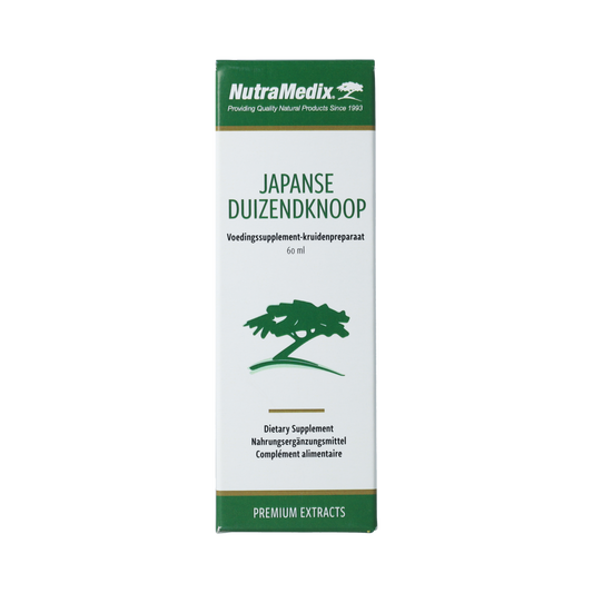 Nutramedix Japanese Thousand-Seed herbal supplement bottle, 60ml, in a natural setting with label visible.