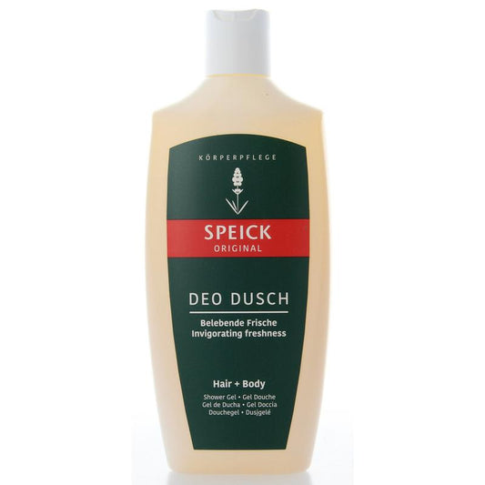 Speick Douchegel 250ml, natural bad en douchegel with plant-based ingredients, in a clear bottle with blue cap.
