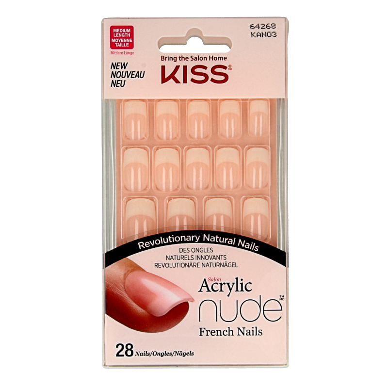 Kiss French nude acrylic nails with cashmere finish, set of one, showing natural-looking long nail tips and smooth surface.