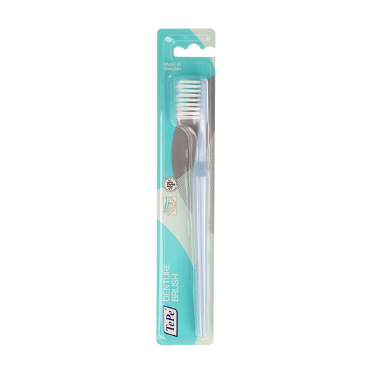 TePe Protheseborstel classic 1.00 prosthesis cleaning brush with a white handle and bristles designed for dental prostheses.