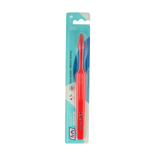 TePe Select Medium toothbrush with blue handle, designed for effective oral cleaning, shown in close-up view.