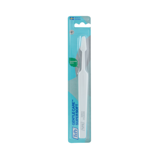 TePe Gentle Care toothbrush with soft bristles, shown in a close-up image, designed for gentle oral cleaning.