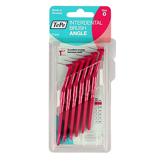 TePe Angle roze Tandenstokers en Ragers with 0.4 mm tip, set of 6, designed for effective interdental cleaning.