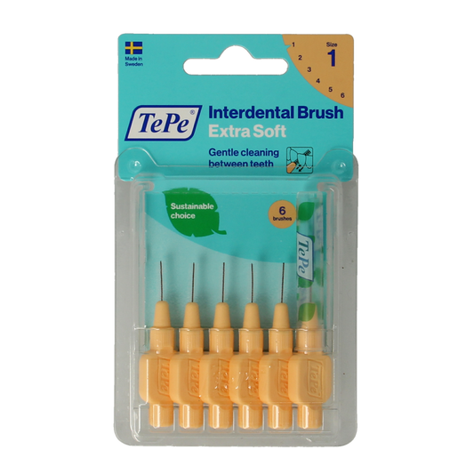 TePe Interdental Rager extra soft light orange, size 1, for cleaning between teeth, 6-pack of dental care tools.