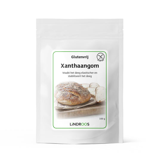 Lindroos Xanthaangom gluten-free 100g package, gluten-free baking mix and flour ingredient with a white powder in a clear bag.