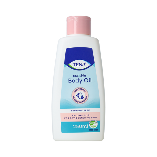 Tena Skin Care Oil 250ml bottle, a body care product for nourishing and moisturizing skin.