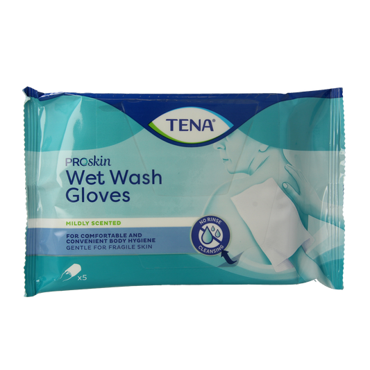 Tena Wetwash glove for gentle cleansing, mild scented, shown in a pack of five, suitable for bath and shower use.