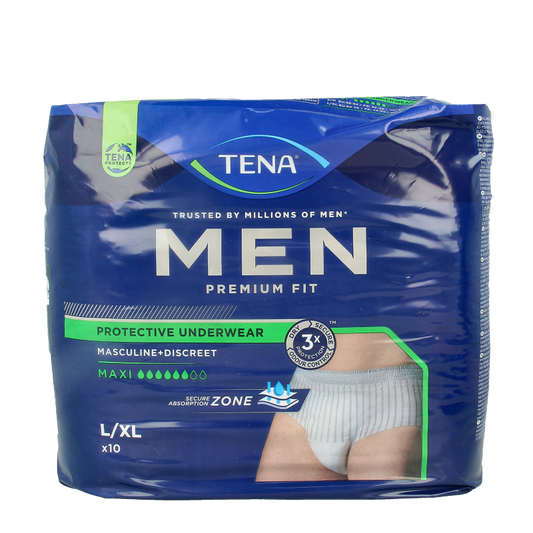 Tena Men premium fit L-XL incontinent pads, 10-pack, designed for discreet and comfortable protection.