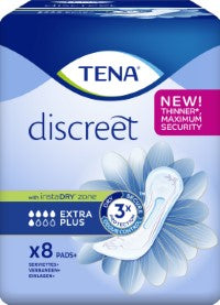 Tena Discreet Extra Plus incontinent pads, 8-pack, with absorbent core and discreet design for urinary incontinence management