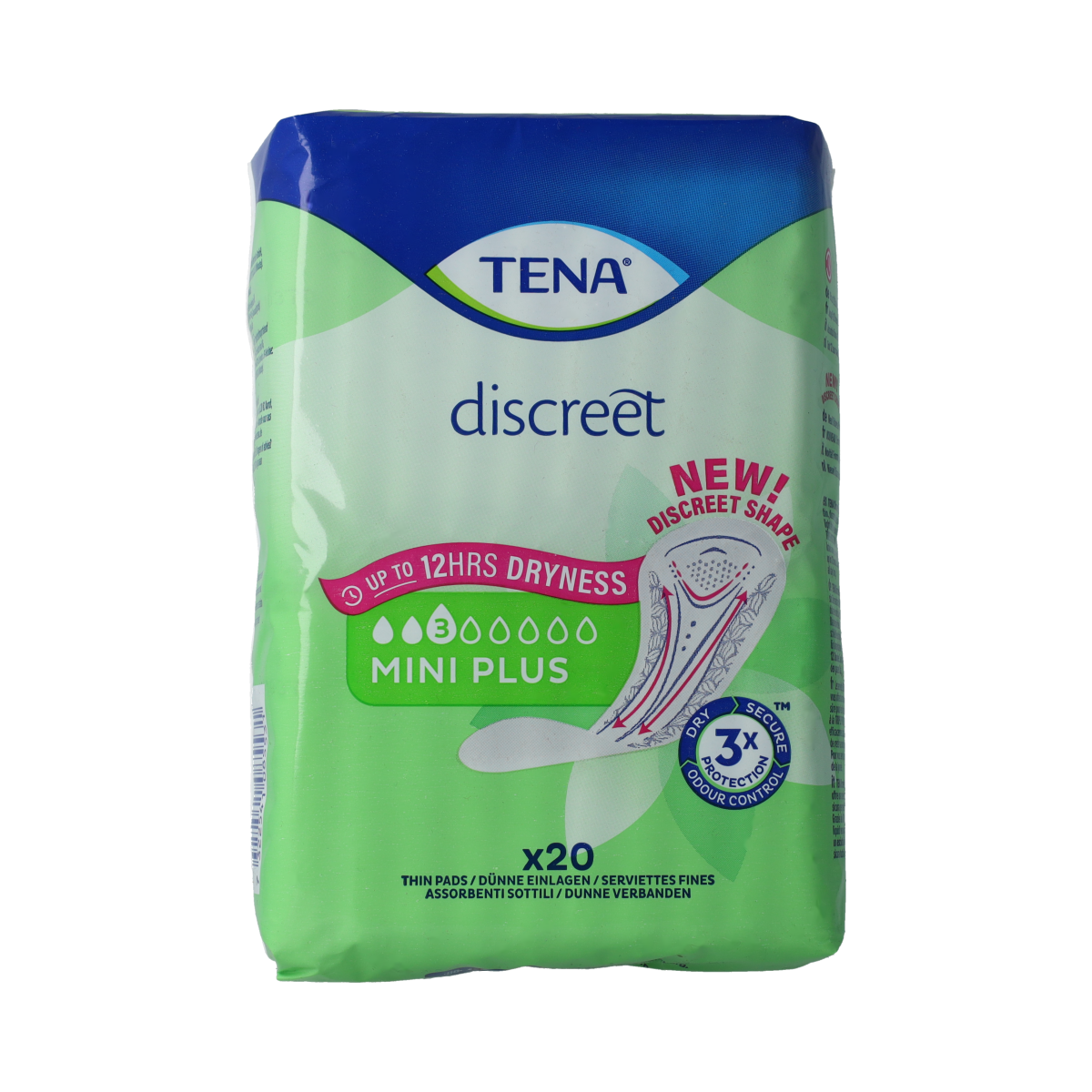 Tena Lady Mini Discreet Plus incontinence pads, 20 pack, showing discreet absorbent protection for women.